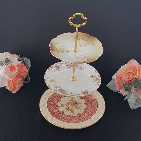 3 Tier Cake Stand Mismatched China Antique Floral Vintage Plates In Ivory Afternoon Tea Party