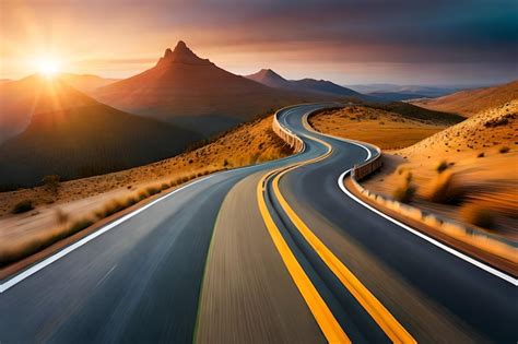 Premium Ai Image A Long Winding Road With A Sunset In The Background