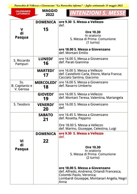 Calendario Liturgico Dal Al Maggio