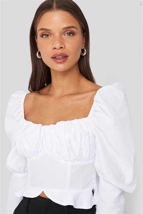 Puffy Sleeve Ruffle Cup Blouse Blanc Na Kd Fr