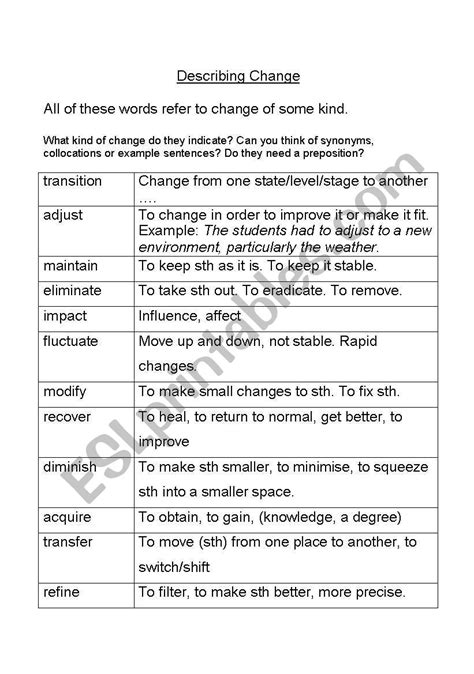 English Worksheets Describing Change