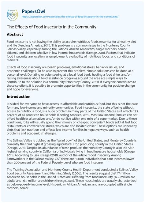 The Effects Of Food Insecurity In The Community Free Essay Example