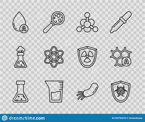 Set Line Test Tube And Flask Chemical Biohazard Symbol On Shield