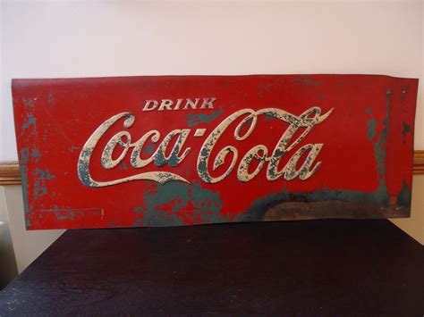 Original Vintage Drink Coca Cola Large Thick Metal Sign Long Gas