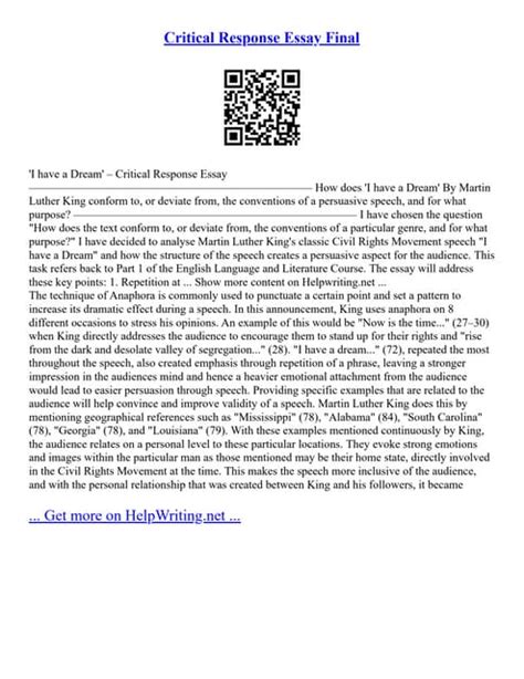 Critical Response Essay Final Pdf