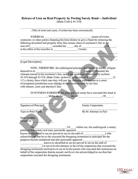 Idaho Release Of Lien By Posting Of Surety Bond Individual Lien Bond Form Us Legal Forms