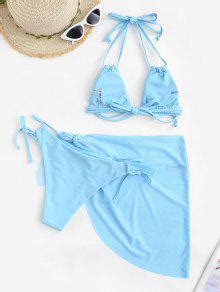 Zaful Cinched Mesh Strappy Halter Three Piece Bikini Swimwear In Light