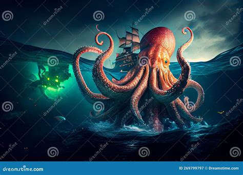 Um Monstro Gigante De Polvo Kraken Atacando Um Navio Pirata No Oceano