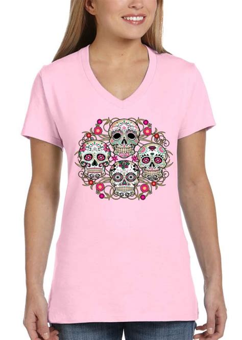 Ladies Floral Sugar Skulls Light Pink V Neck Biker T Shirt Leather Supreme