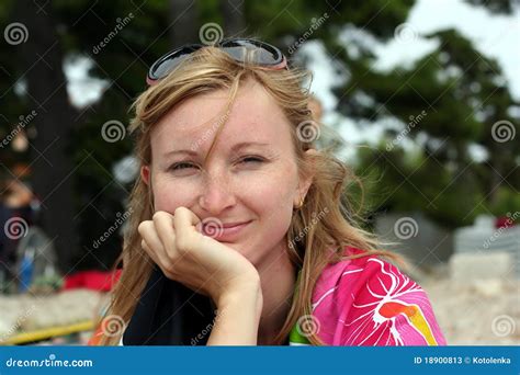 Young Smiling Woman With Sunglasses On A Head Stock Image Image Of Cool Cute 18900813