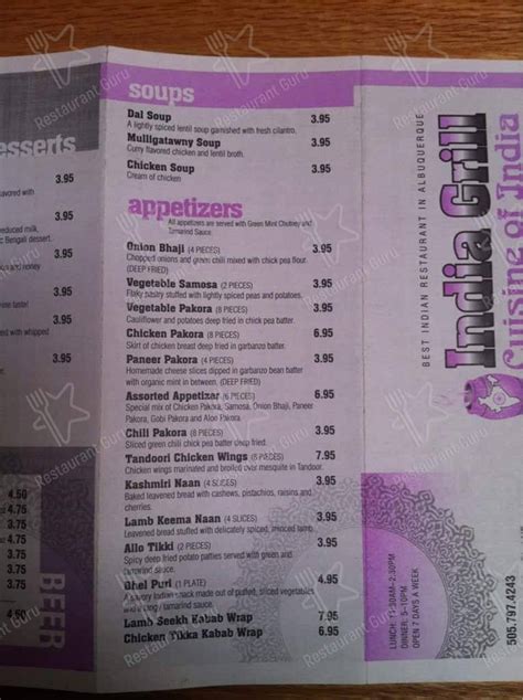 Menu at India Grill restaurant, Albuquerque, Wyoming Blvd NE Ste B