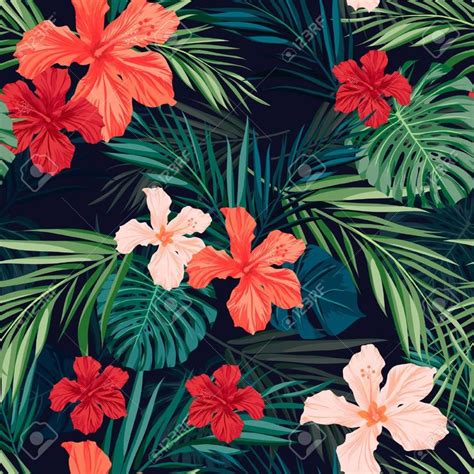 Summer Colorful Hawaiian Seamless Pattern With Tropical Plants And Hibiscus Flowers Vector