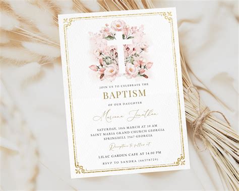 Editable Baptism Invitation Blush Pink Rose Baptism Invitation Boho Baptism Christening 1st