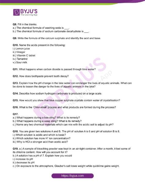 Class 10 Chemistry Worksheet On Chapter 2 Acids Bases And Salts Set 2