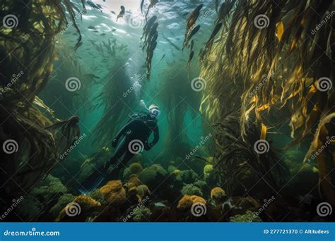 Diver Swimming Through Vibrant Kelp Forest Surrounded By Schools Of