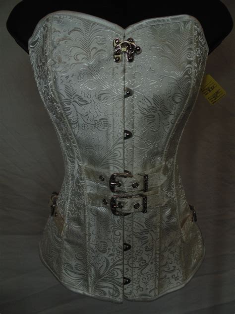 White Brocade Corset With Lock Hook And Buckle Front Closure