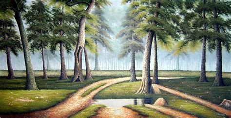 Large Painting of Woodland Path Oil Landscape Tree Naturalism 36 x 72 Inches