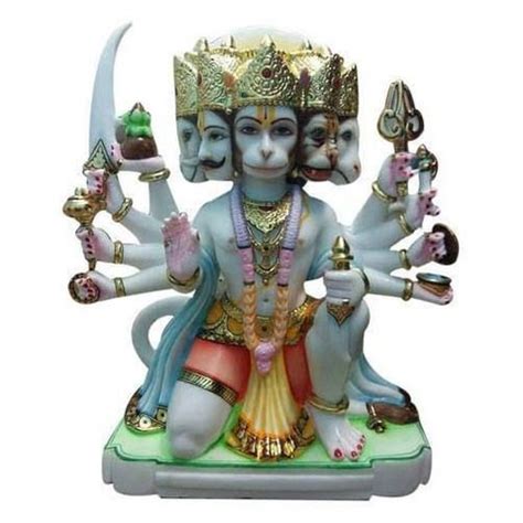 Easy To Clean Matte White Marble Multicolour Panchmukhi Hanuman Statue