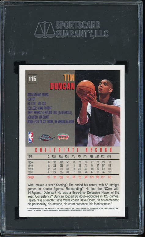 Lot Detail 1997 98 Topps Chrome Tim Duncan 115 Rookie Card Sgc Gem Mint 10