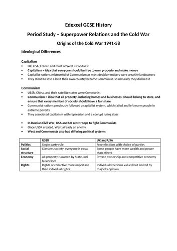 Edexcel History Notes Cold War Teaching Resources