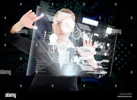 Blonde Businesswoman Touching Interface Stock Photo Alamy