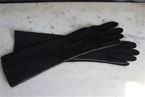 Vintage Long Black Satin Evening Gloves With Rhinestones Isotoner