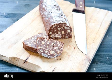 Chocolate Salami With Dark Chocolate And Hazelnut Butter Stock Photo