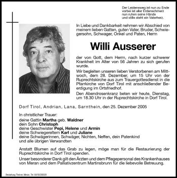 Traueranzeigen Von Willi Ausserer Trauer Bz