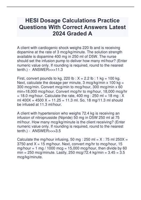 HESI Dosage Calculations Practice Questions With Correct Answers Latest