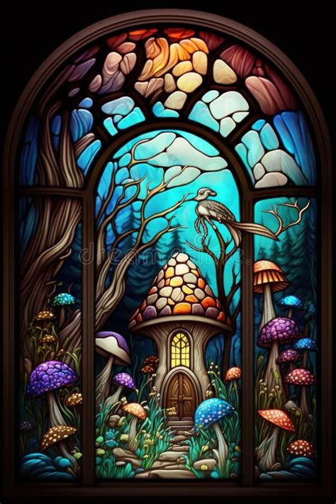 A Stained Glass Window With An Image Of A Mushroom House In The Middle