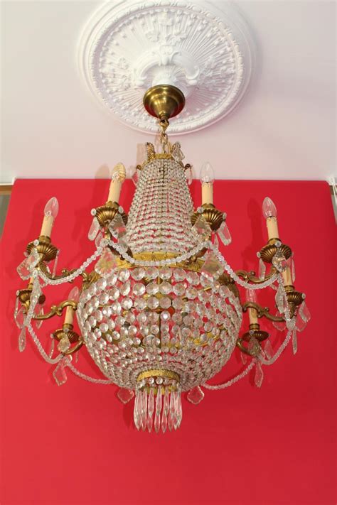 Proantic Grand Lustre Corbeille Montgolfiere Pampilles Style Louis