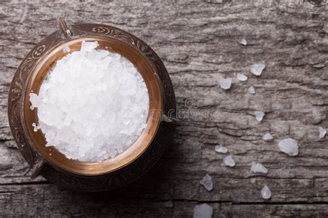 Sea Salt In An Old Utensils On Wooden Table Stock Image Image Of Care