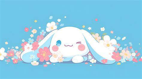 Sanrio Cinnamoroll and Flowers Blue Desktop Wallpaper in 4K