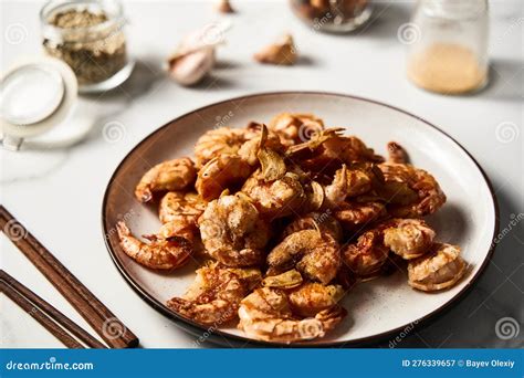 Crispy Pan Fried Tiger Shrimps Or Prawns With Garlic Chinese Or Asian