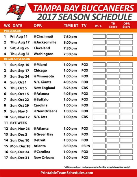 Tampa Bay Buccaneers Printable Schedule Printable Blank World Images