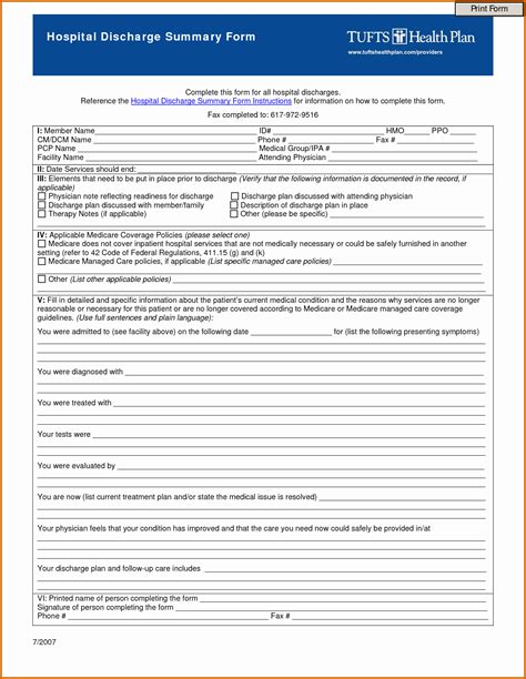 Printable Fillable Real Hospital Discharge Papers