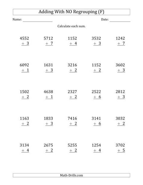 4 Digit Plus 1 Digit Addition With No Regrouping F