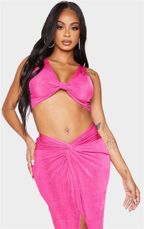 Shape Hot Pink Acetate Slinky Knot Front Crop Top Prettylittlething