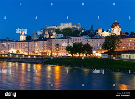 View From Makartsteg Bridge Over Salzach River Towards The Historic