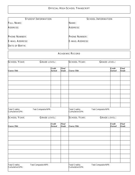 Official High School Transcript Template Download Printable Pdf