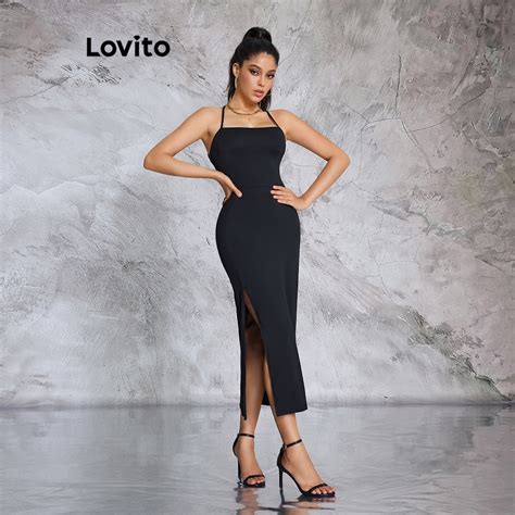 Lovito Vestido Feminino Sexy Liso Amarração Nas Costas Sem Costas