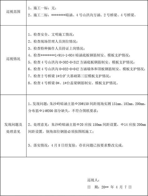 完整版水利工程监理巡视记录样表word文档在线阅读与下载免费文档