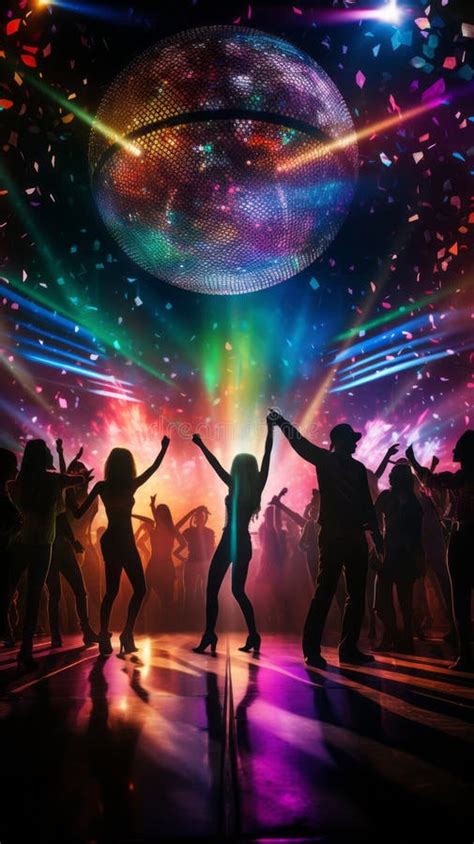 Silhouettes Of People Dancing Under A Disco Ball Stock Illustration