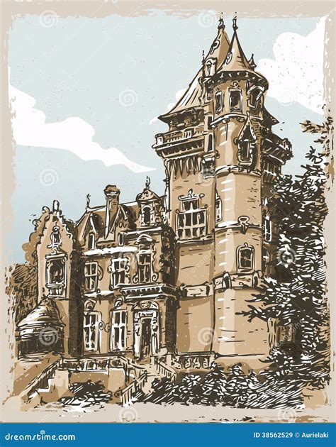 Vintage Hand Drawn View Of Old Castle In Belgium Stock Vector