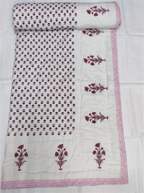 PINK Flower Single Bed Jaipuri Printed Cotton Quilt Size 60 Inch X 90