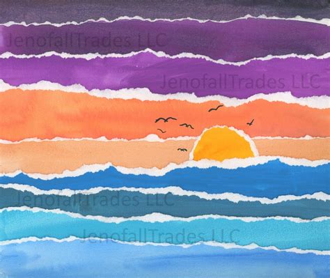 Ocean Sunsetsunrise Original Torn Paper Collage Download Print High