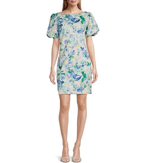 Jessica Howard Scuba Short Puff Sleeve Boat Neck Floral Sheath Dress