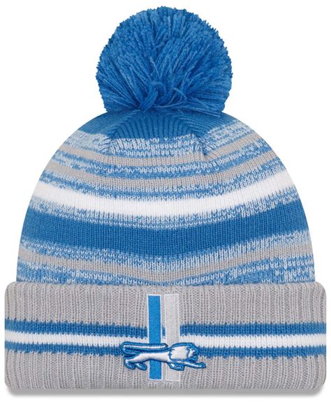 New Era Mens Blue And Gray Detroit Lions 2021 Nfl Sideline Historic Pom Cuffed Knit Hat Modesens