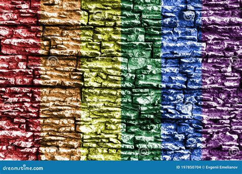 Rainbow LGBTQ Or Gay Pride Flag On Stone Wall Texture Abstract Background Stock Photo Image