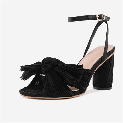 Womens Heeled Sandals Pleated Bow Knot Ankle Strap Open Toe High Block